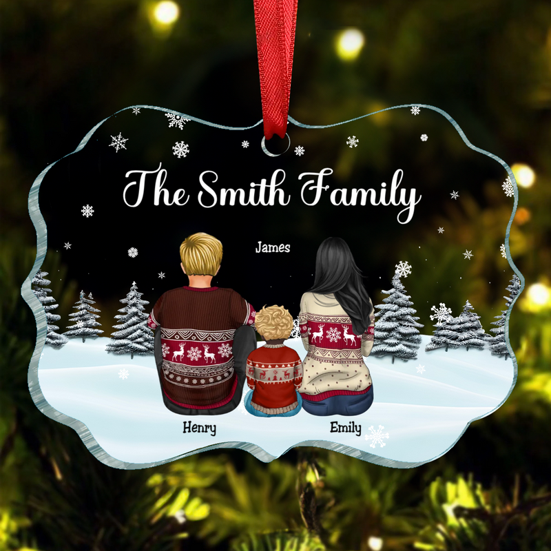 Family - Dad Mom Kids Dogs Cats Snow Background - Personalized Ornament