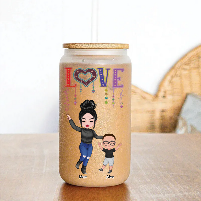 Family - Love Happy Doll Grandma Mom With Kids - Personalized Glass Can