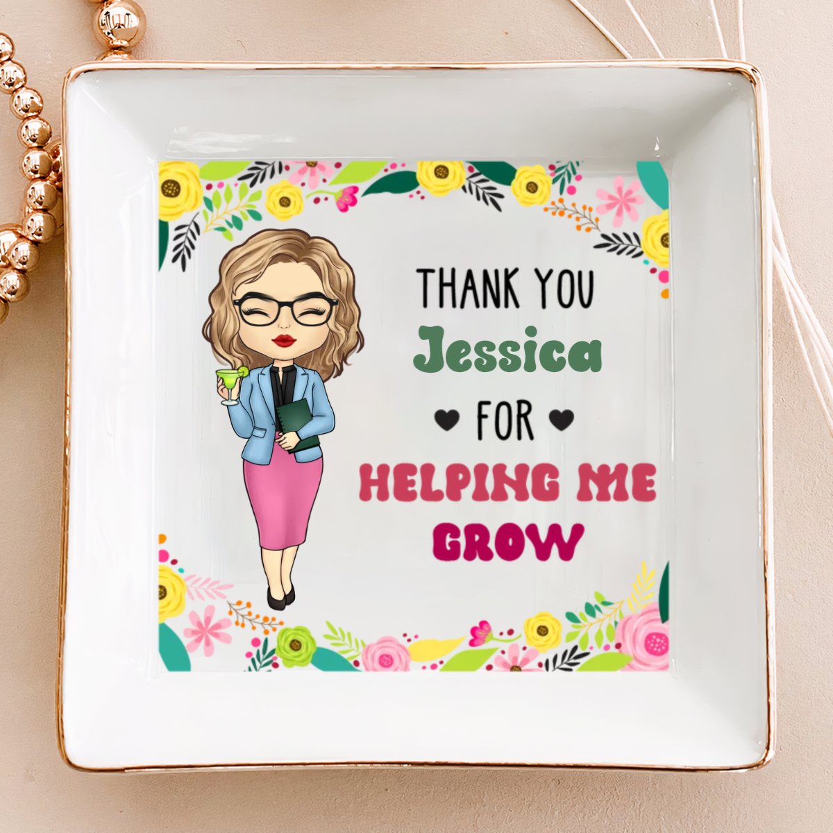 Teacher - Teacher Gift Thank You For Helping Me Grow - Personalized Jewelry Dish - Makezbright Gifts