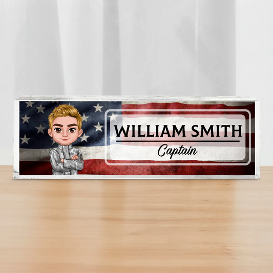 Proud Occupation Patriotic American Flag Personalized Acrylic Desk Name Plate, Gift For Boyfriend Girlfriend Husband Wife, Appreciation Gift