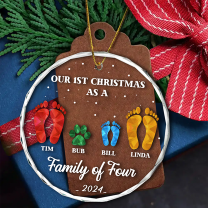 First Christmas As A Family Of Four Footprints - Personalized Circle Ornament