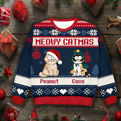 Meowy Catmas Funny Cartoon Cats - Christmas Gift For Cat Lovers, Cat Moms, Cat Dads - Personalized Unisex Ugly Sweater