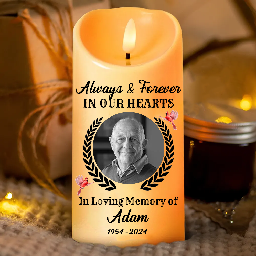 Custom Photo Always And Forever In Our Heart Memorial - Personalized Flameless LED Candle