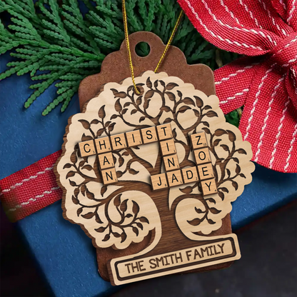 Family Tree Of Life Crossword Wood Ornament, Personalized Family Wood Ornament