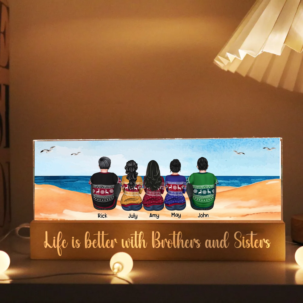 Beach Landscape Brothers & Sisters Sitting Personalized Acrylic Block LED Night Light, Unique Christmas Gift For Siblings