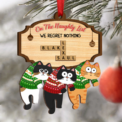 On The Naughty List We Regret Nothing Crossword Puzzle Art Personalized Wooden Ornament, Unique Christmas Gift For Cat Owners