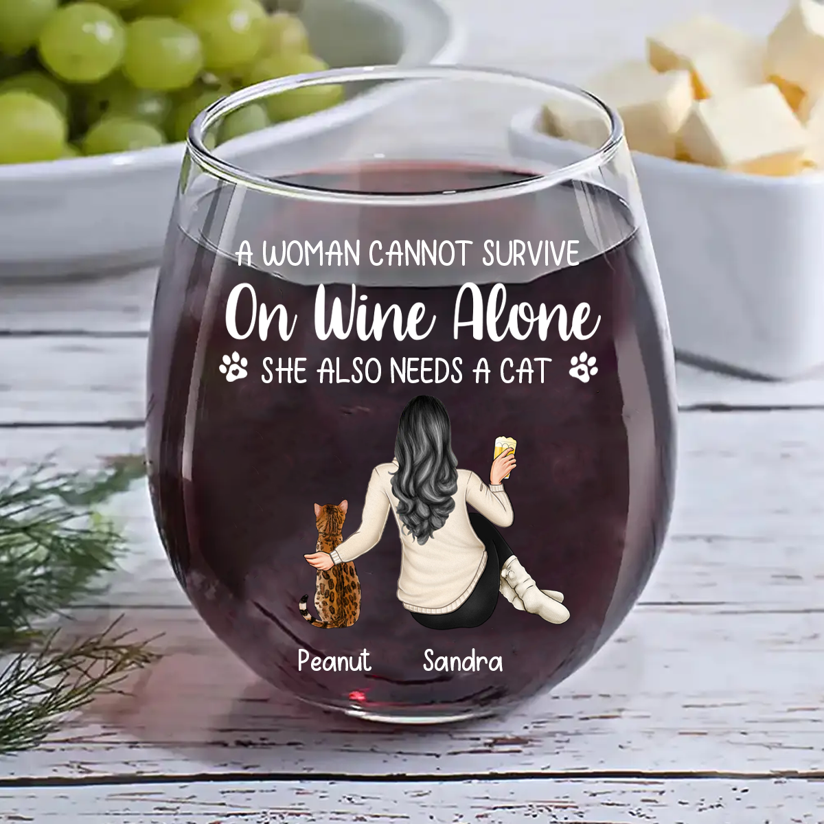 A Woman Cannot Survive On Wine Alone Cat Mom - Personalized Stemless Wine Glass