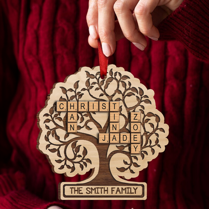 Family Tree Of Life Crossword Wood Ornament, Personalized Family Wood Ornament