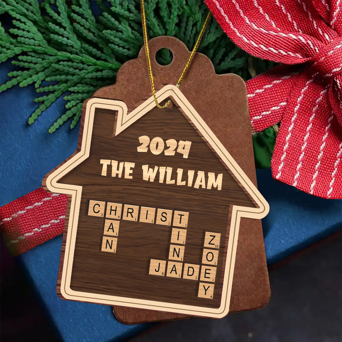 Christmas Family House Crossword Scrabble - Personalized Wooden Ornament