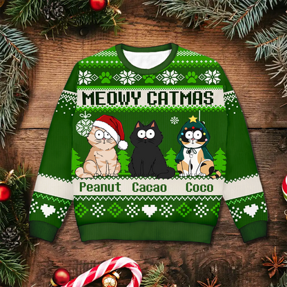 Meowy Catmas Funny Cartoon Cats - Christmas Gift For Cat Lovers, Cat Moms, Cat Dads - Personalized Unisex Ugly Sweater