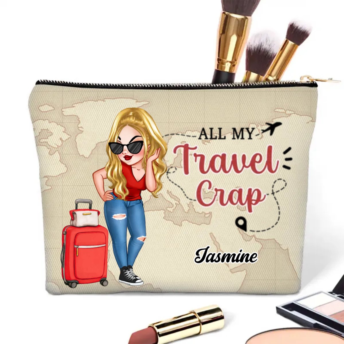 Travel Lovers - All My Travel Crap Cartoon Woman - Personalized Cosmetic Bag - Makezbright Gifts