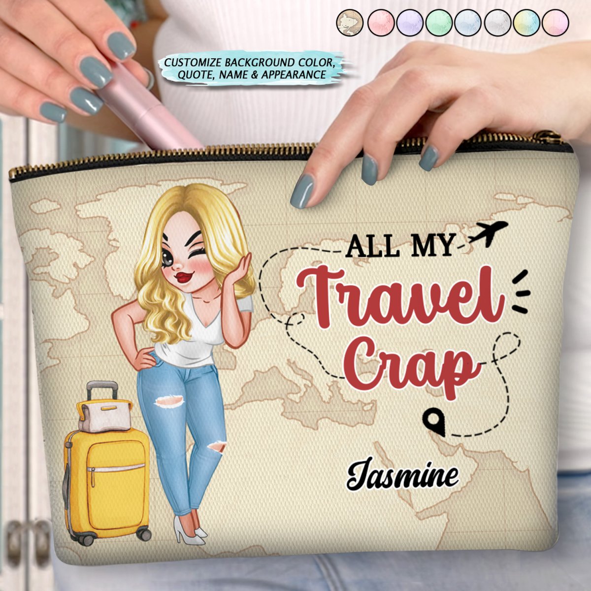 Travel Lovers - All My Travel Crap Cartoon Woman - Personalized Cosmetic Bag - Makezbright Gifts