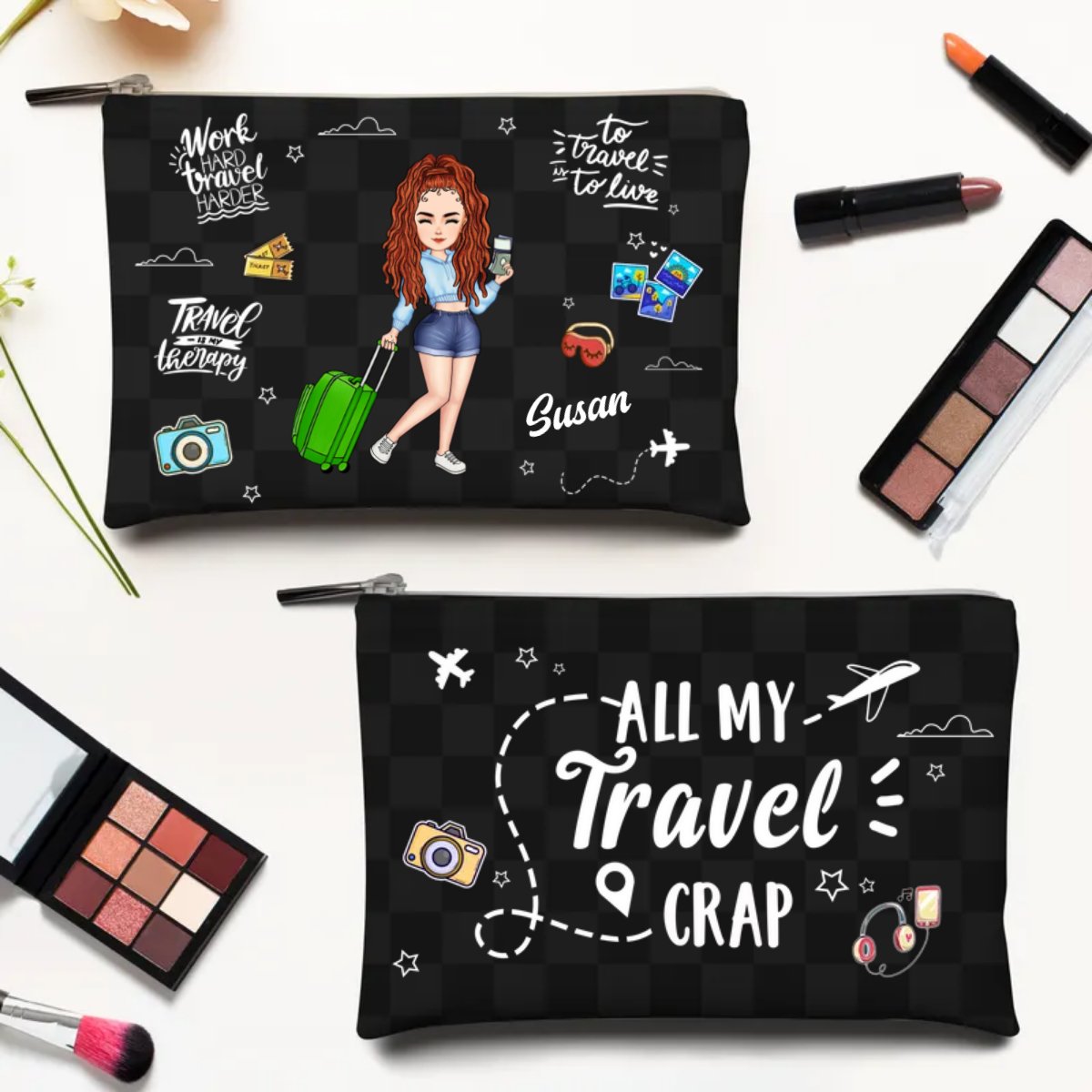 Traveling Lovers - Travel Is My Therapy All My Travel Crap - Personalized Cosmetic Bag - Makezbright Gifts