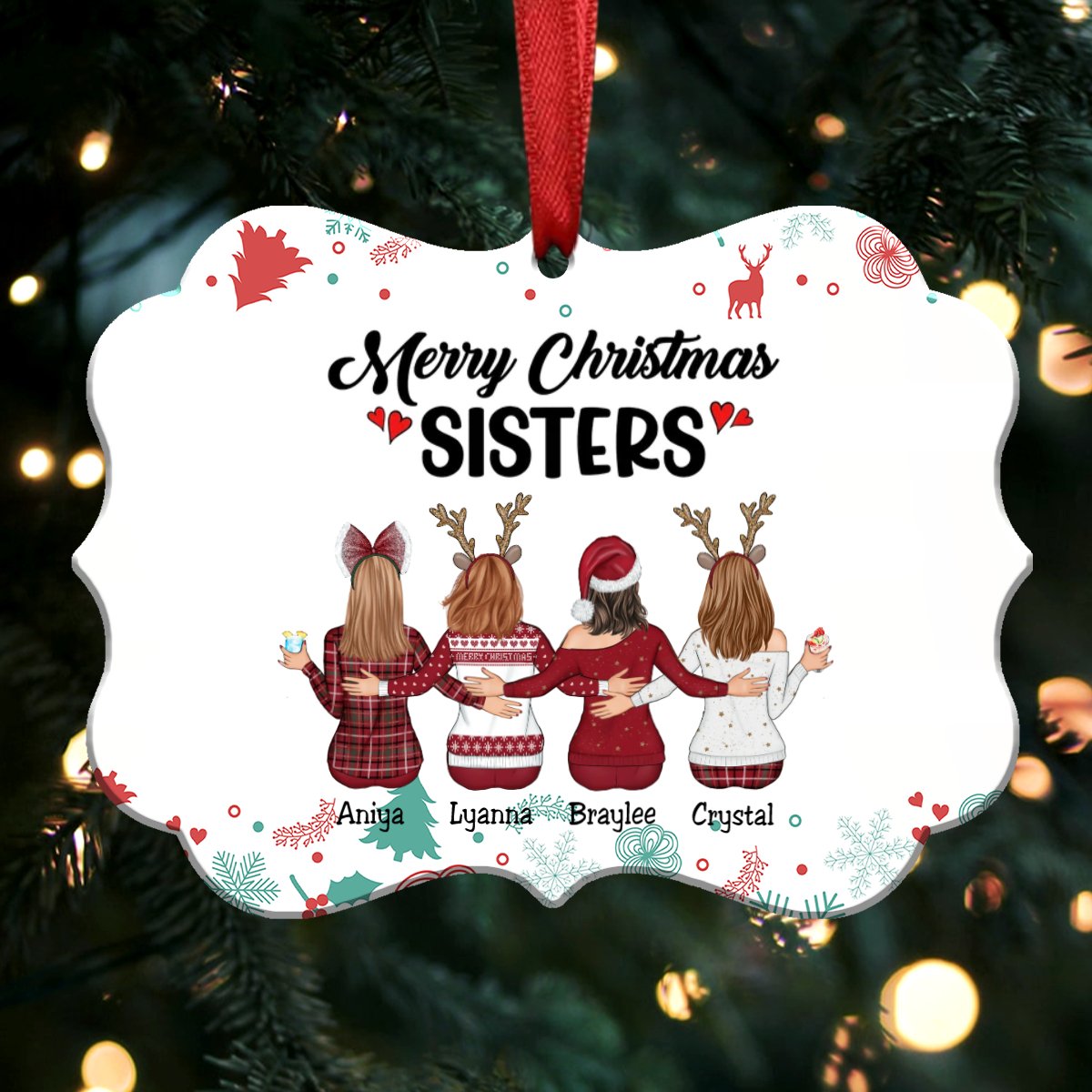 Up to 9 Girls - Merry Chirstmas Sisters - Personalized Christmas Ornament (White) - Makezbright Gifts