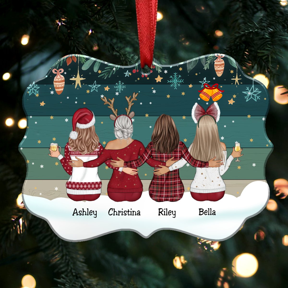 Up to 9 Women - Personalized Christmas Ornament - (Green) - Makezbright Gifts