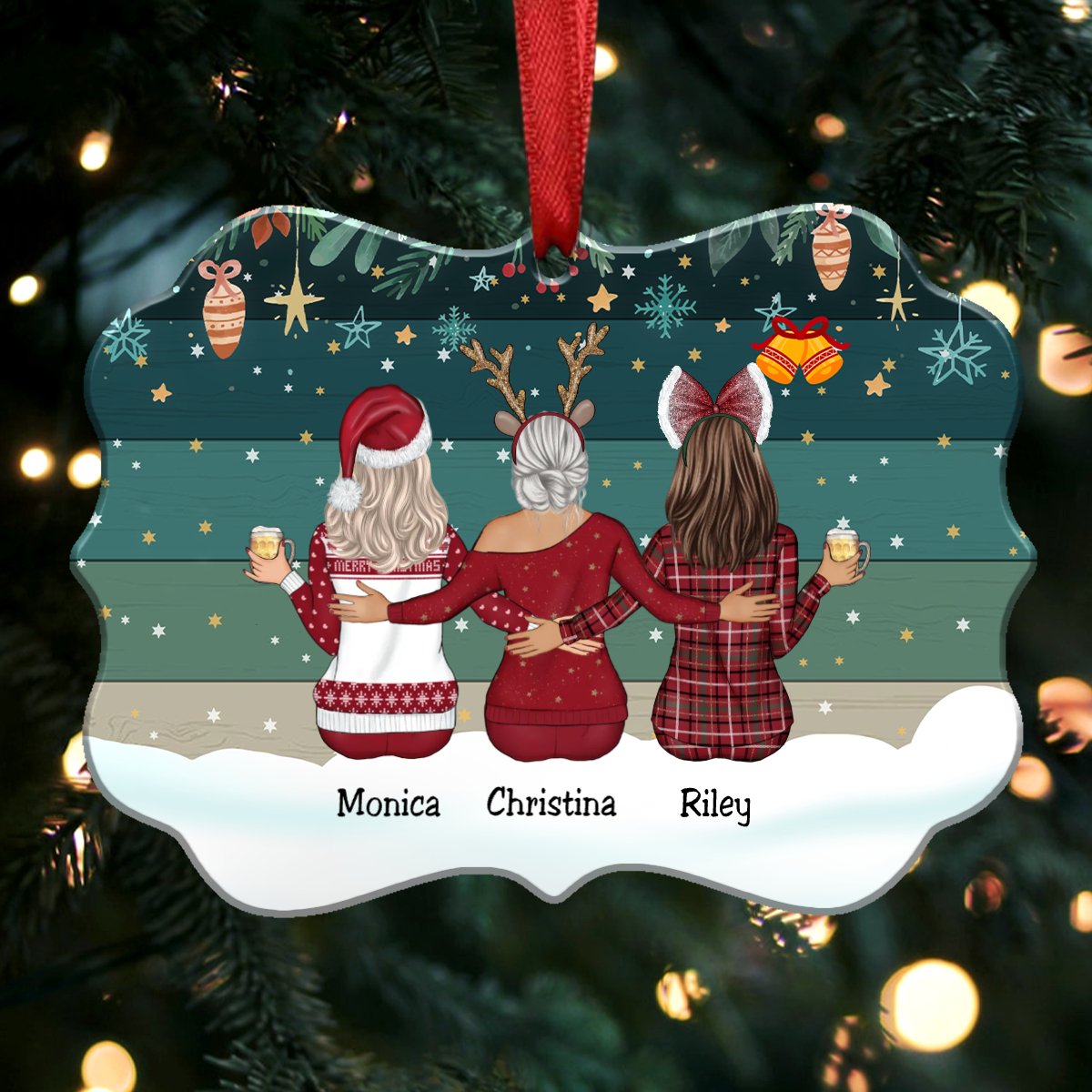 Up to 9 Women - Personalized Christmas Ornament - (Green) - Makezbright Gifts