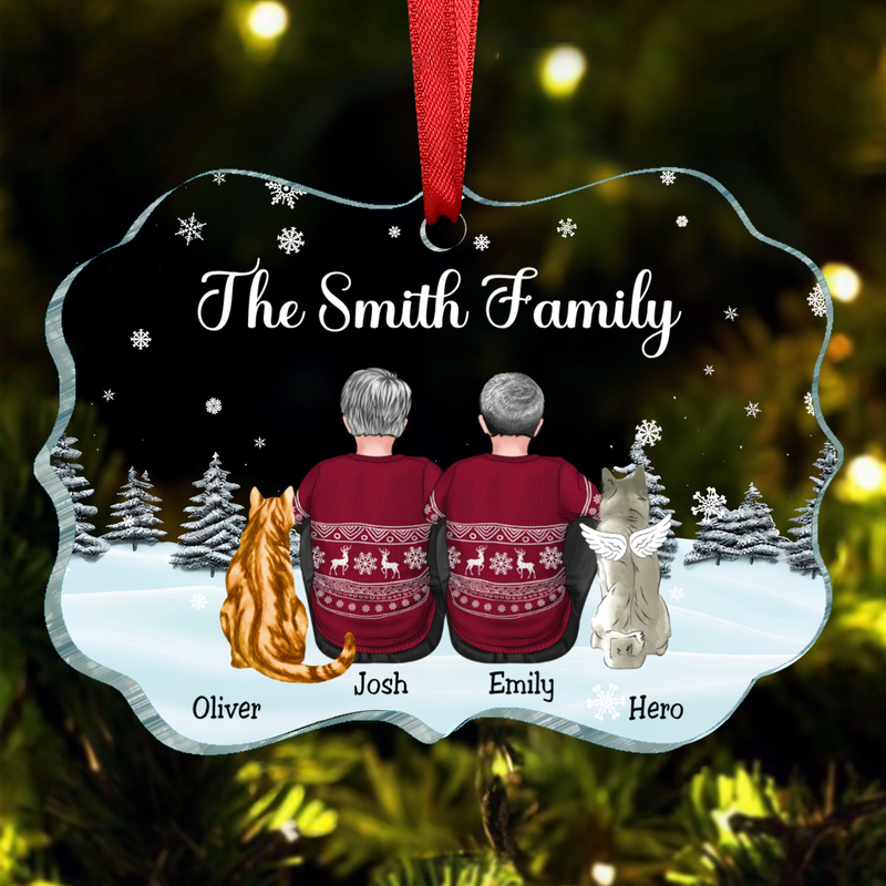 Family - Dad Mom Kids Dogs Cats Snow Background - Personalized Ornament