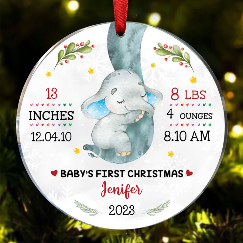 Family - Elephant Baby First Christmas 2023 - Personalized Circle Ornament