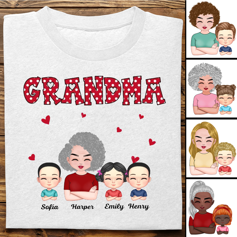 Grandma - Polka Dot Pattern Grandma And Grandkids Gift For Grandma - Personalized T-shirt