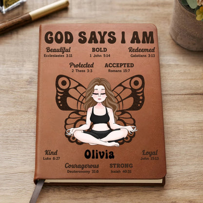 Yoga Lovers - God Says I Am - Personalized Leather Journal (TB) - Makezbright Gifts