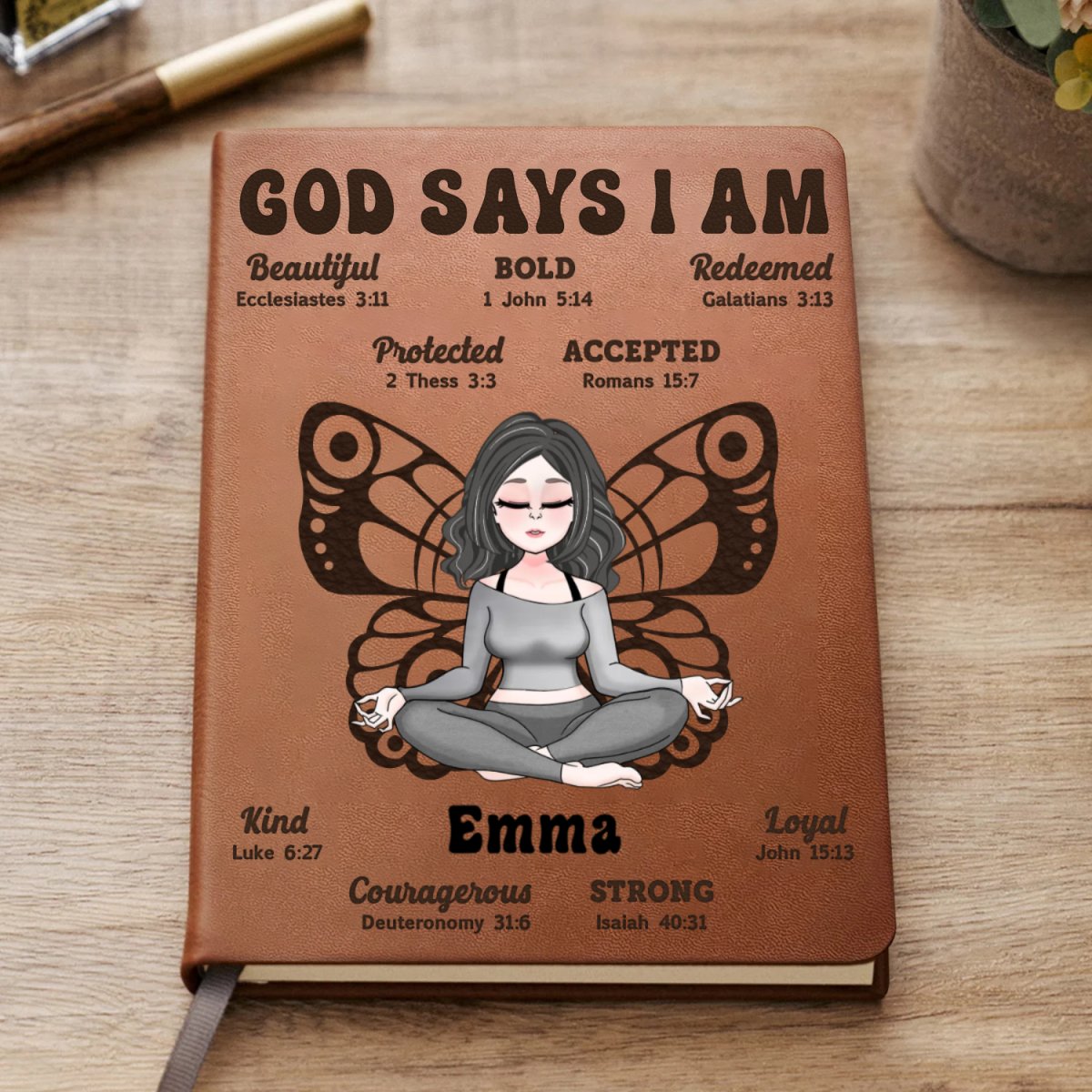 Yoga Lovers - God Says I Am - Personalized Leather Journal (TB) - Makezbright Gifts