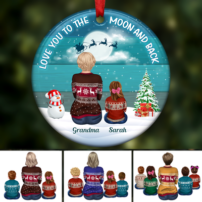 Family - Blue Palette Moon Grandma & Grandkids Back View - Personalized Circle Ornament - Makezbright Gifts
