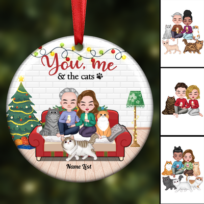 Couple & Cat - You Me & The Cats On Sofa Christmas - Personalized Circle Ornament - Makezbright Gifts