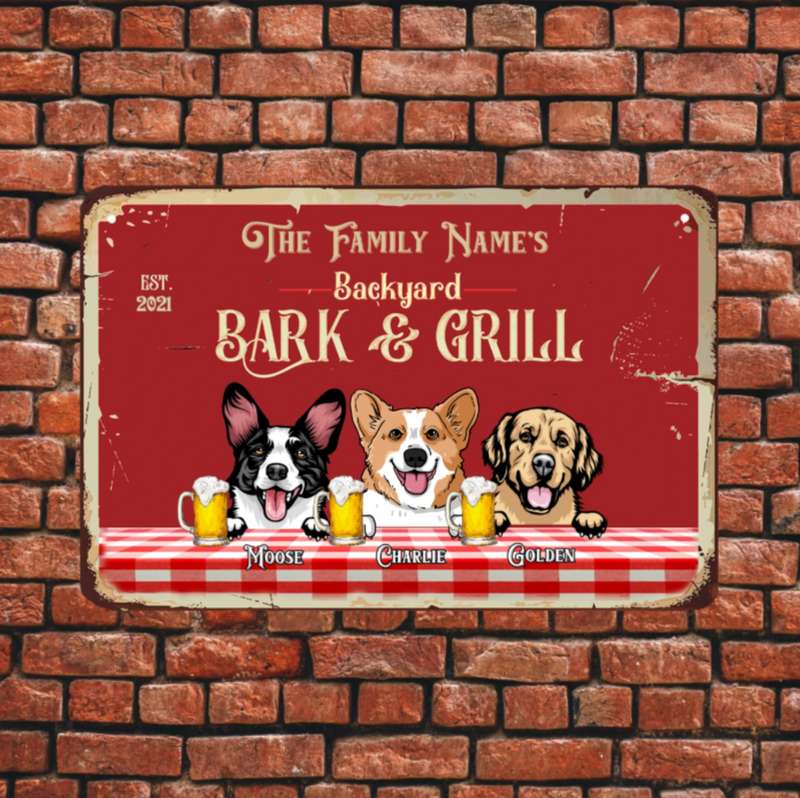 Backyard Bark & Grill Dog Funny Personalized Metal Sign