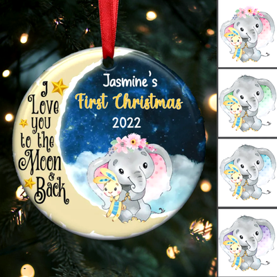 Gifts for Newborn Babies - Elephant Baby First Christmas - Personalized Circle Ornament - Makezbright Gifts