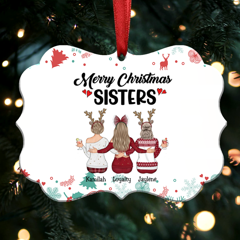Up to 9 Girls - Merry Chirstmas Sisters - Personalized Christmas Ornament (White)