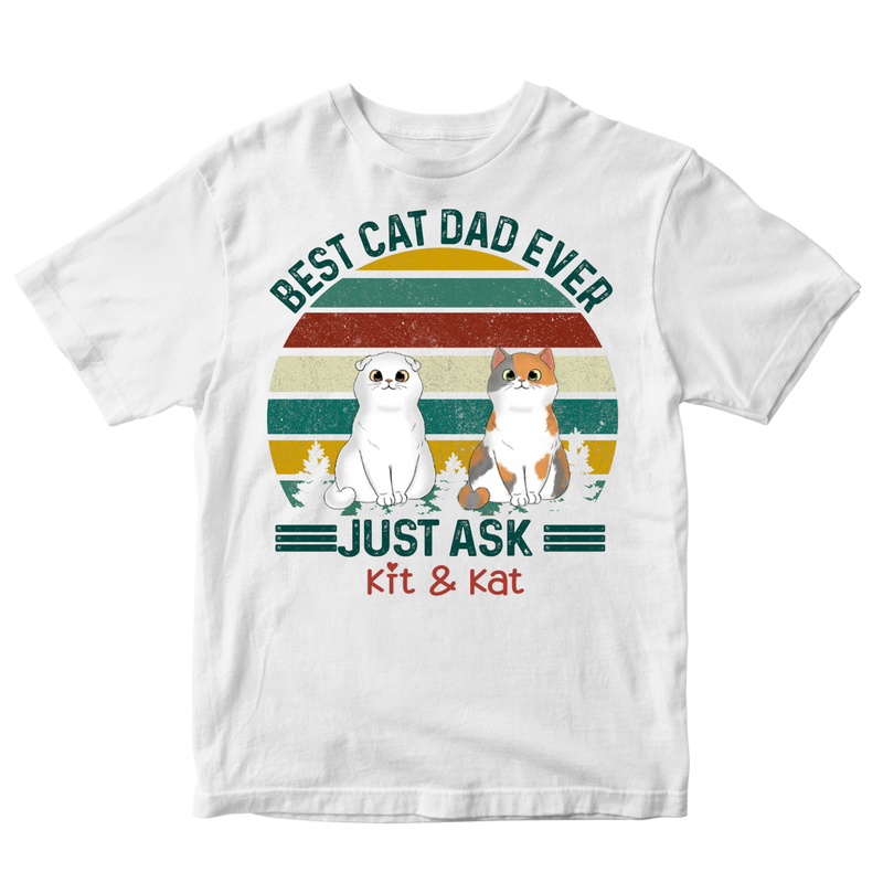 Cat Lover - Best Cat Dad Fluffy Cat Retro - Personalized White Unisex T-Shirt - Makezbright Gifts
