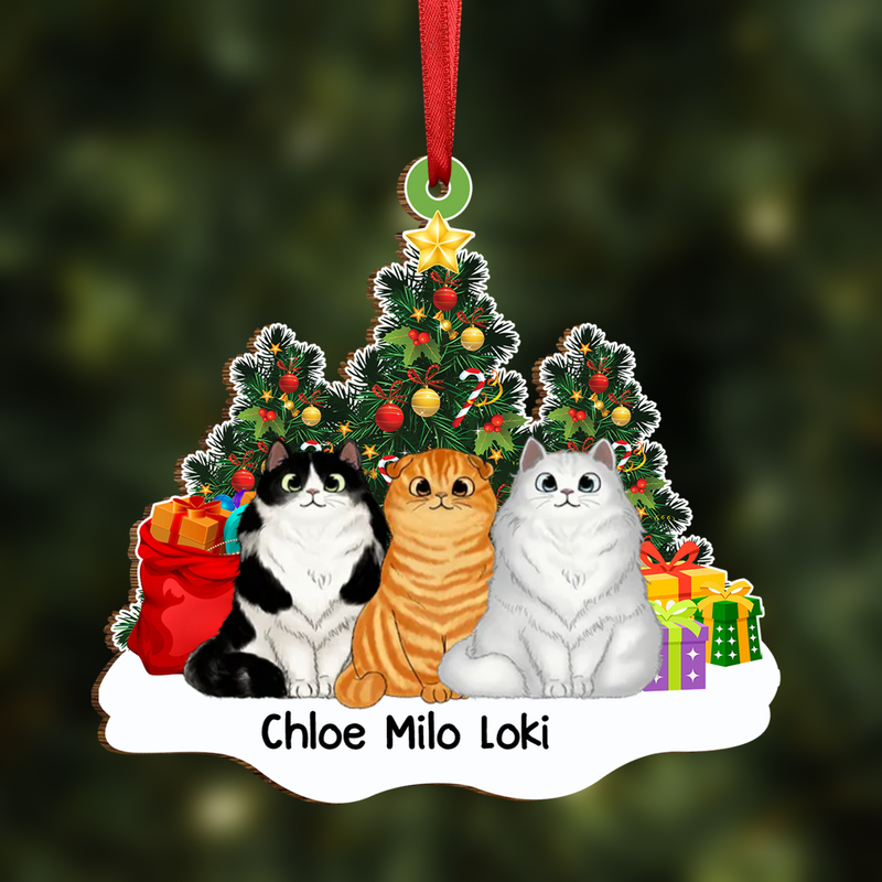 Cat Lovers - Fluffy Cats Sitting On Snow Christmas Tree - Personalized Acrylic Ornament - Makezbright Gifts