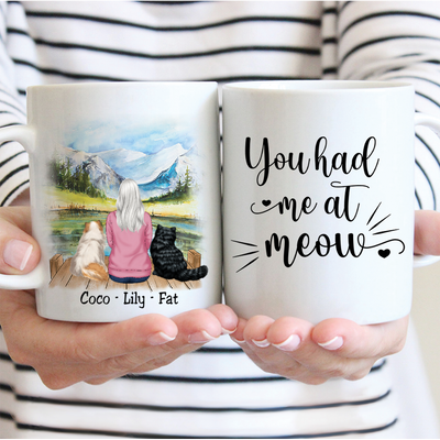 Girl and Cats - You had me at Meow - Personalized Mug (Lake) - Makezbright Gifts