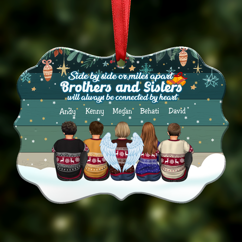 Side By Side Or Miles Apart Brothers And Sisters Will Always Be Connected By Heart - Personalized Christmas Ornament (Green) - Makezbright Gifts