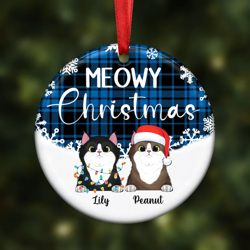 Cat Lovers - Meowy Christmas - Personalized Ornament (Blue)