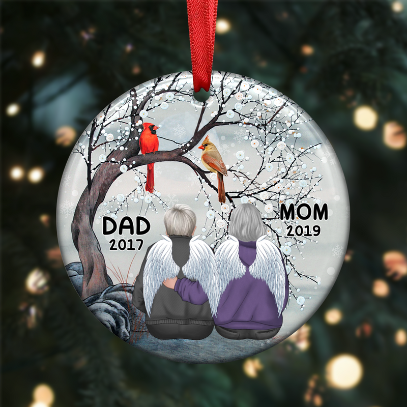Memorial Gift - Dad Mom Cardinals Tree - Personalized Circle Ornament