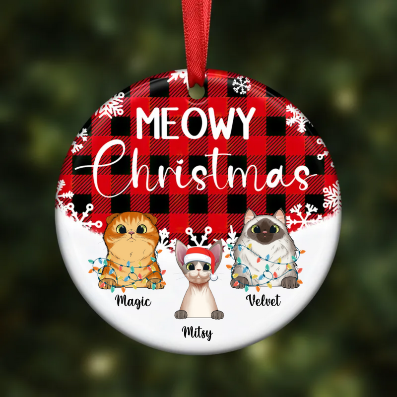 Cat Lovers - Meowy Christmas - Personalized Ornament (Red)