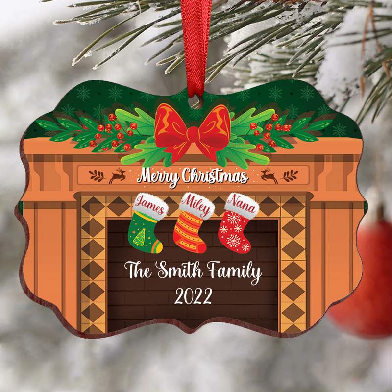 Family - Merry Christmas Stocking Family Hanging Over Fireplace - Personalized Christmas Ornament