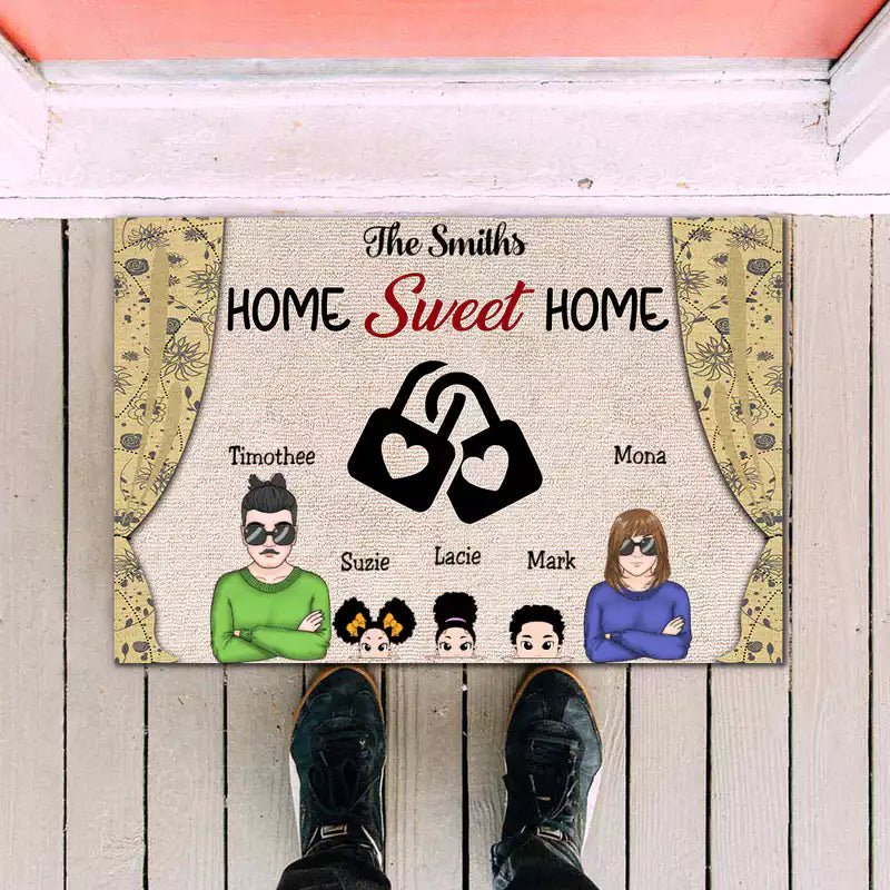 Family - Couple Heart Rings Kids - Personalized Doormat