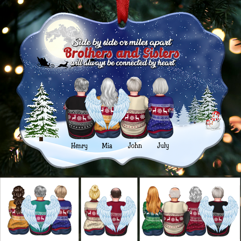 Side By Side Or Miles Apart Brothers And Sisters Will Always Be Connected By Heart - Personalized Christmas Ornament - Makezbright Gifts