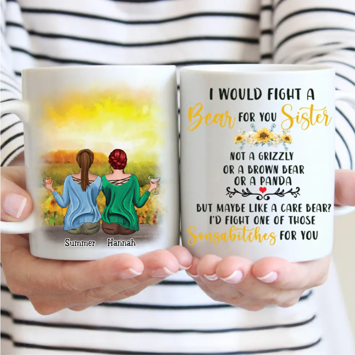 Sisters - I Would Fight A Bear For You Sister - Personalized Mug (Sunflower) - Makezbright Gifts