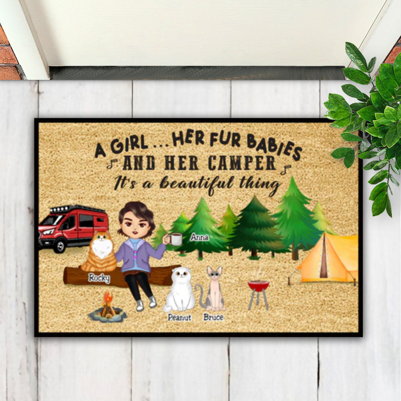 Campers - A Girl... Her Fur Babies And Her Camper - Personalized Doormat