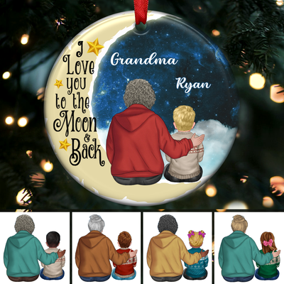 Family - Grandma Grandkids On Moon - Personalized Circle Ornament - Makezbright Gifts