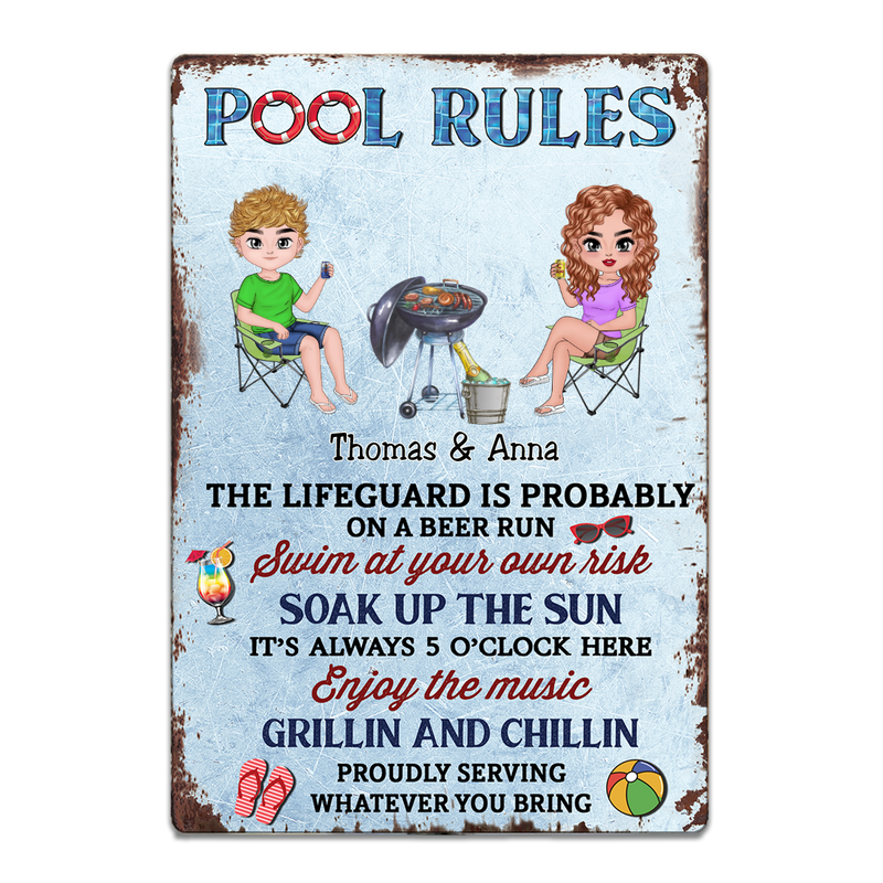 Couple - Pool Rules The LifeGuard Is Probably On A Beer Run - Personalized Metal Sign