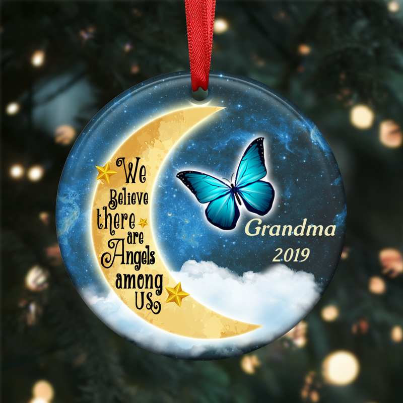 Memorial Gift - We Believe There Are Angels Among Us - Personalized Christmas Circle Ornament